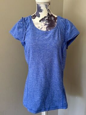 Lululemon Blue Heathered Run Full Tilt Short Sleeve Ruffle Details